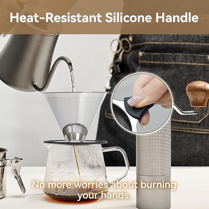 Pour Over Coffee Dripper Filter: Reusable Stainless Steel Coffee Filters - Metal Cone Filter Paperless Single Cup Coffee Maker 1-2 Cup with Double Mesh & Non-slip Cup Stand Sliver