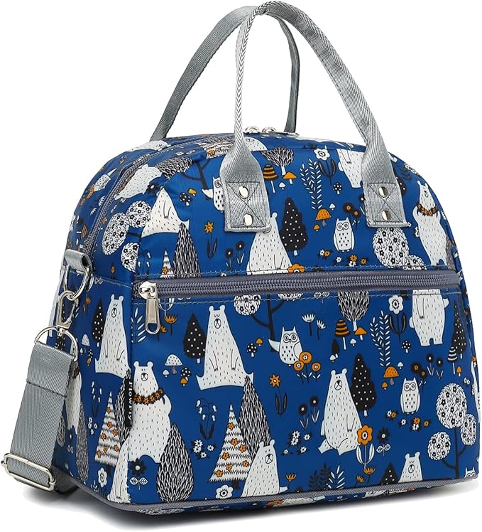 FlowFly Insulated Lunch Bag With Shoulder Strap for Women, Men, and Kids, Large and Reusable, Handle, Freezable Work and School Travel Tote and Meal Prep Organizer,Owl