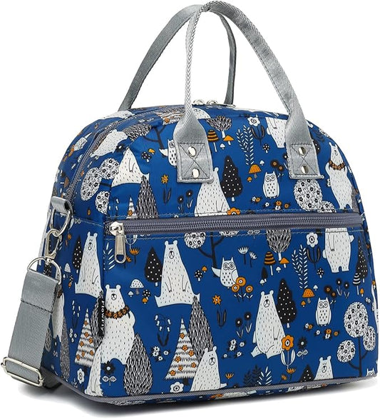 FlowFly Insulated Lunch Bag With Shoulder Strap for Women, Men, and Kids, Large and Reusable, Handle, Freezable Work and School Travel Tote and Meal Prep Organizer,Owl