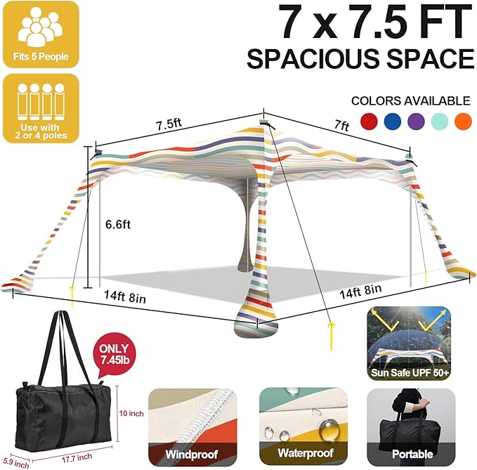 Buheco Beach Tent Pop Up Shade 7x7.5ft Beach Canopy Sun Shelter UPF50+ with 4 Foldable Poles-Portable Carrying Bag-Sand Shovel-Ground Pegs-Windproof Ropes for Outdoor Family Camping-Fishing- Picnic