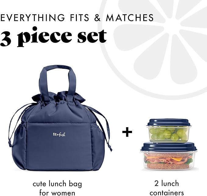 Fit & Fresh Lunch Bag For Women, Insulated Womens Lunch Bag For Work, Stain-Resistant Large Lunch Box For Women With Containers, Cinch Closure Cromwell Bag, Navy