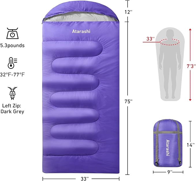 Atarashi Camping Sleeping Bag- 4 Seasons for Adults, Light, Warm, Extra-Large with Compression Sack- Great for Hiking, Backpacking & Outdoor Adventures