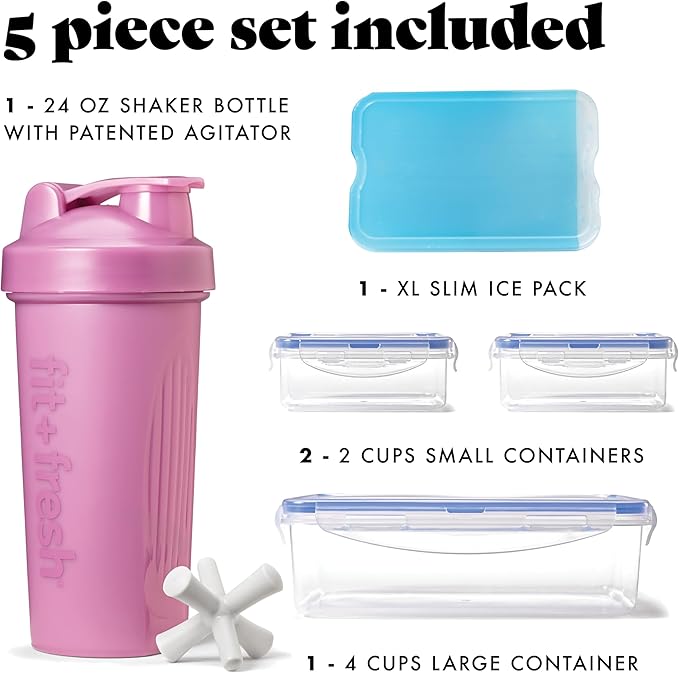 Fit & Fresh BREE FitPak Meal Prep Lunch Box With Containers, Ice Pack, and Shaker Bottle For Men and Women, 6pc. Meal Prep Kit Lunch Bag With Containers Included, Mauve