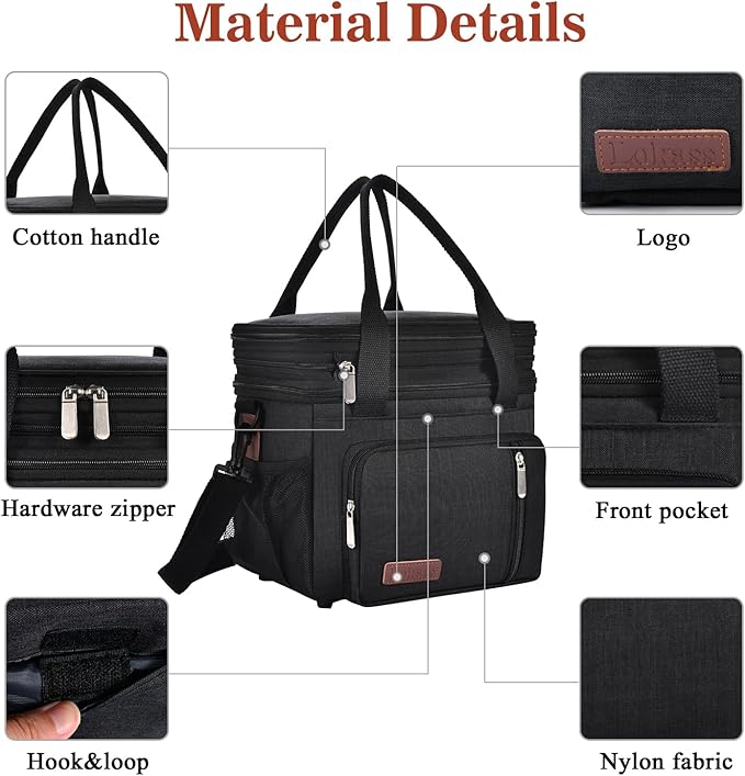 LOKASS Lunch Box for Women, 16L, Double Deck Expandable Insulated Lunch box For Adults/Women Thermal Large Waterproof Leakproof Cooler Bag with Shoulder Strap - Black