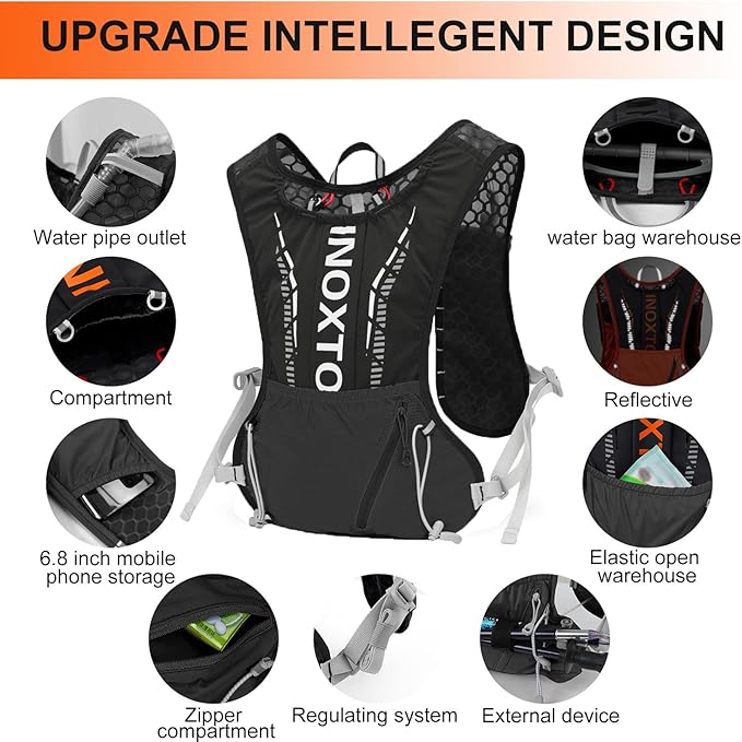 INOXTO Hydration Vest Backpack,Lightweight Water Running Vest Pack with 1.5L Water Bladder Bag Daypack for Hiking Trail Running Cycling Race Marathon for Women Men
