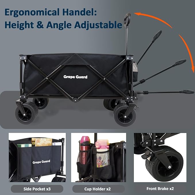 Collapsible Beach Wagon Garden Cart with All-Terrain Big Wheels, 220LBS Heavy Duty Foldable Utility Wagon with Adjustable Handle & Cup Holders, 200L Capacity for Outdoor Camping, Black