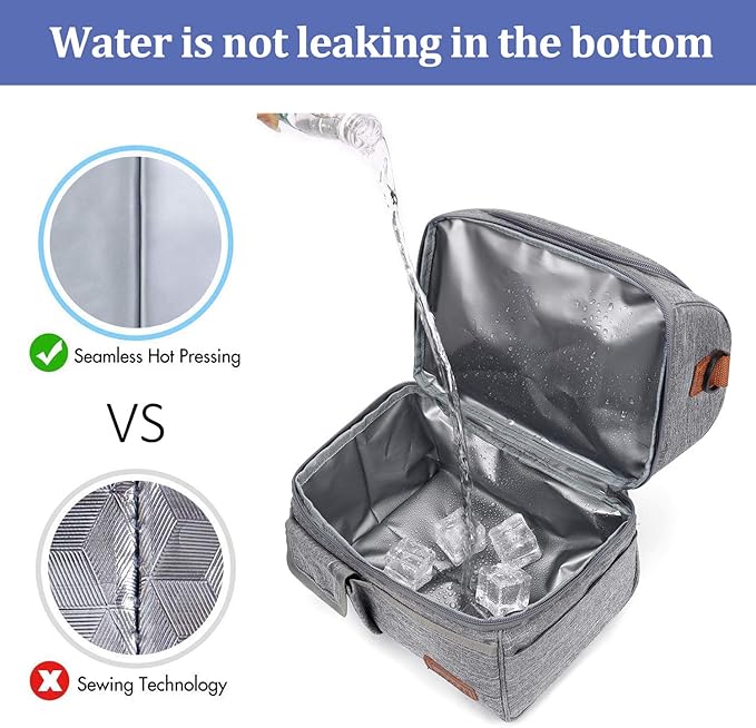 LOKASS Lunch Bag Double Deck Insulated Lunch Box Large Cooler Tote Bag with Removable Shoulder Strap Wide Open Thermal Meal Prep Lunch Organizer Box for Men/Women/Adults/Work/Outdoor, Gray