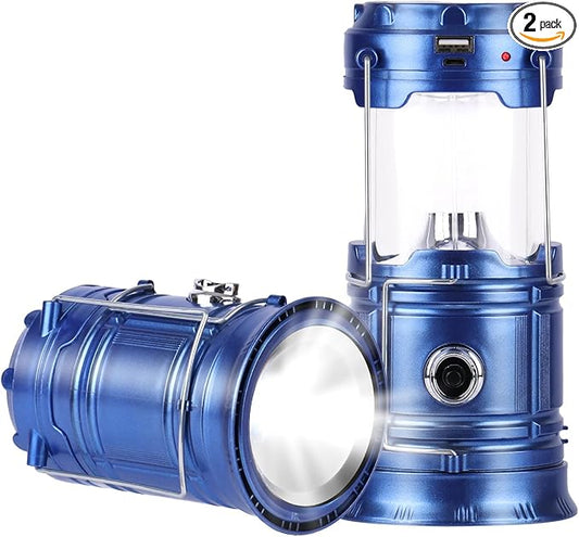 Solar Camping Lantern for Power Outages - USB Rechargeable Lamp Camping Essentials，Collapsible Waterproof Solar Lights for Indoor Outdoor Emergency Light/2 Packs/Blue