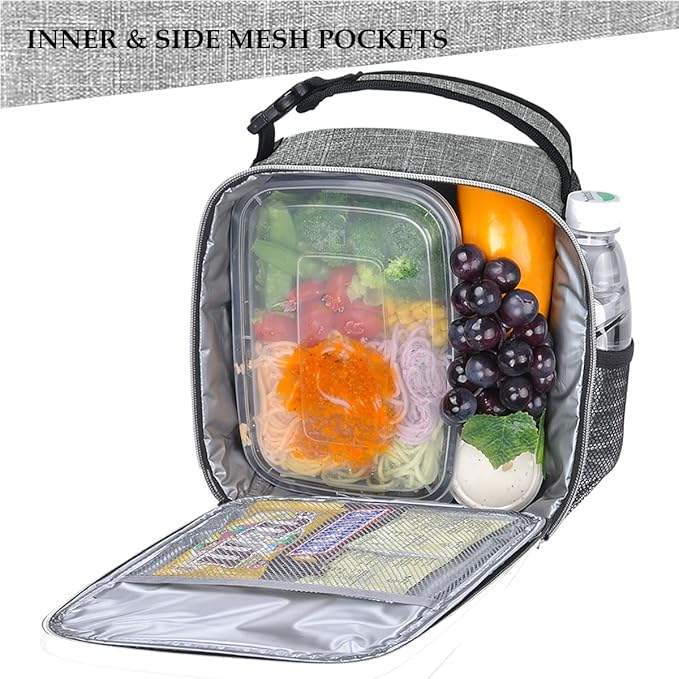 Small Insulated Lunch Bag for Men Women, Splash Proof Mini Portable Reusable Thermal Lunch Box Cooler Tote for Adults & Kids, Grey, 8.5in x 4in x 9.5in (L x W x H)