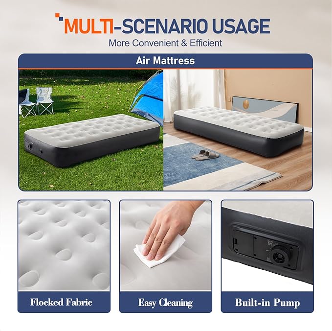 Twin Size Air Mattress with Built-in Pump, Inflatable Bed Blow Up Mattress for Camping