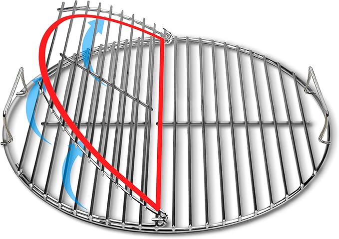 SnS Grills EasySpin Charcoal Grill Cooking Grate, 304 Stainless Steel, Large Hinged Opening, Perfect for 2-Zone Cooking, Replacement Grate Compatible with Weber & Other Grills - 18” Inches