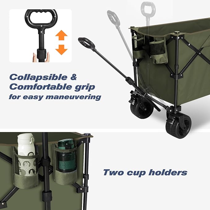 Chihee Collapsible Folding Outdoor Utility Wagon Cart,Beach Cart Large Capacity,Heavy Duty Portable Wagon All Terrain Wheels with Large Side Pocket & 1 Foldable Desktop & 2 Drink Holders