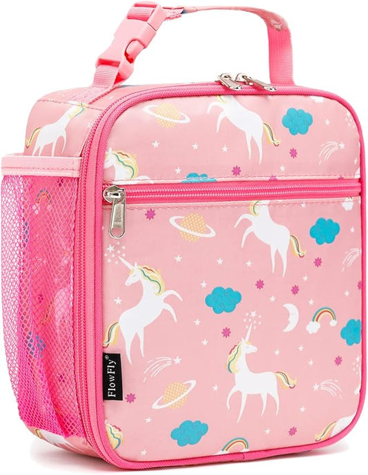 FlowFly Kids Lunch box Insulated Soft Bag Mini Cooler Back to School Thermal Meal Tote Kit for Girls, Boys, Unicorn
