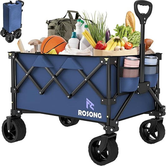 Folding Wagon Cart with Wheels Foldable - Collapsible Wagons Carts Heavy Duty, Fold Up Portable Utility Wagon for Grocery Beach Sports Fishing Camping Shopping Navy