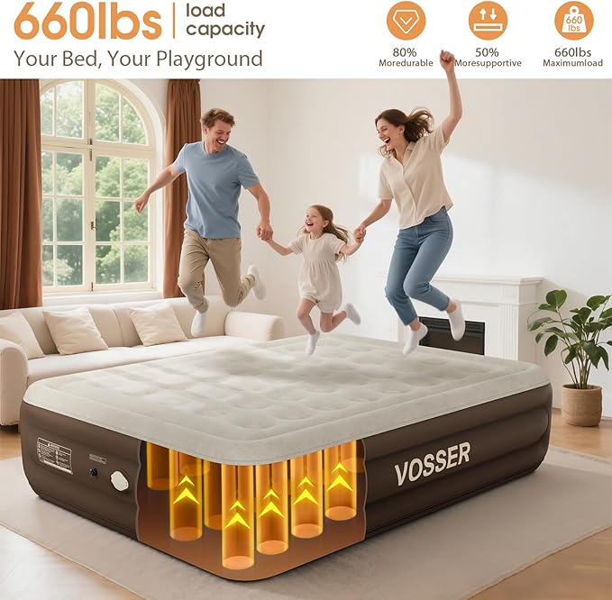 Queen Size Airbed with Detachable Rechargeable Pump - for Camping & Home Use, Portable Design, Supports up to 660 lbs MAX