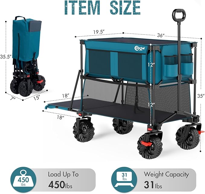 PORTAL 400L Large Capacity Collapsible Double Decker Wagon with Brakes, 450LB Heavy Duty Folding Cart with Tailgate, Foldable Utility Wagons for Camping, Beach, Garden, Sports, Shopping