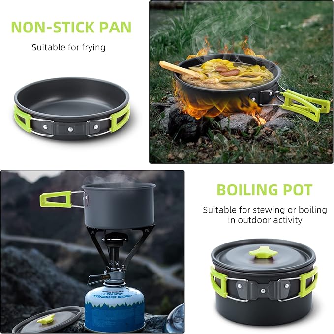 LIXADA 16pcs Camping Cookware Mess Kit, Non-Stick Lightweight Pot Pan Kettle Set with Stainless Steel Plates Forks Knives Spoons, Portable Camping Cooking Set for Outdoor Backpacking Hiking Picnic