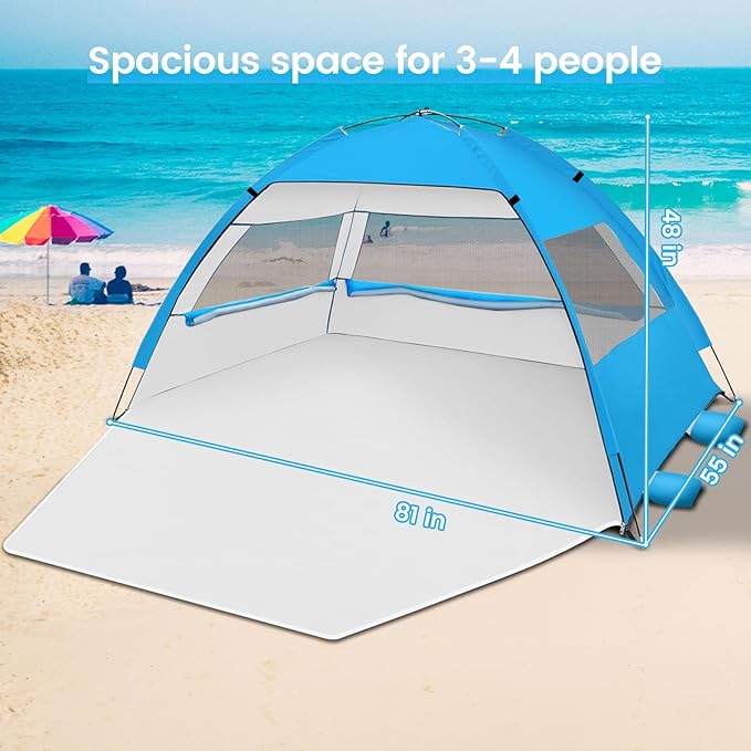 Beach Tent Sun Shelter for 3/4 Person, UPF 50+ UV Protection Beach Canopy, Lightweight & Easy Setup Beach Shade Canopy, Portable Beach Cabana
