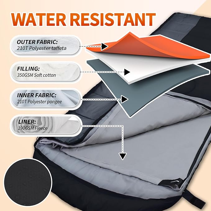 XL 10 Degree Sleeping Bags Waterproof for Adults 350GSM Machine Washable with Compression Sack for 3-4 Season Camping Outdoor