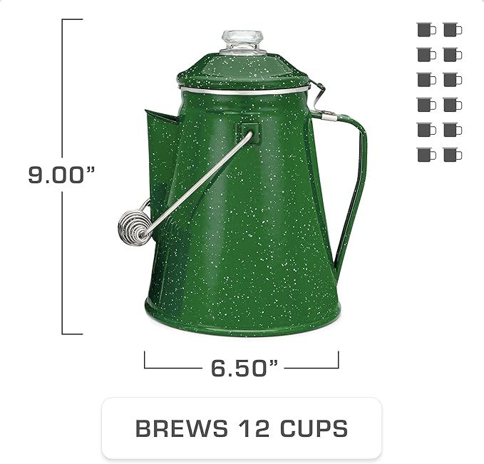 COLETTI Classic Enamel Set Coffee Percolator & Mugs — The Most Nostalgic Camping Coffee Pot, Now Modernized [Green Enamel, 12 Cup Percolator Coffee Pot & Set of 4 Mugs]