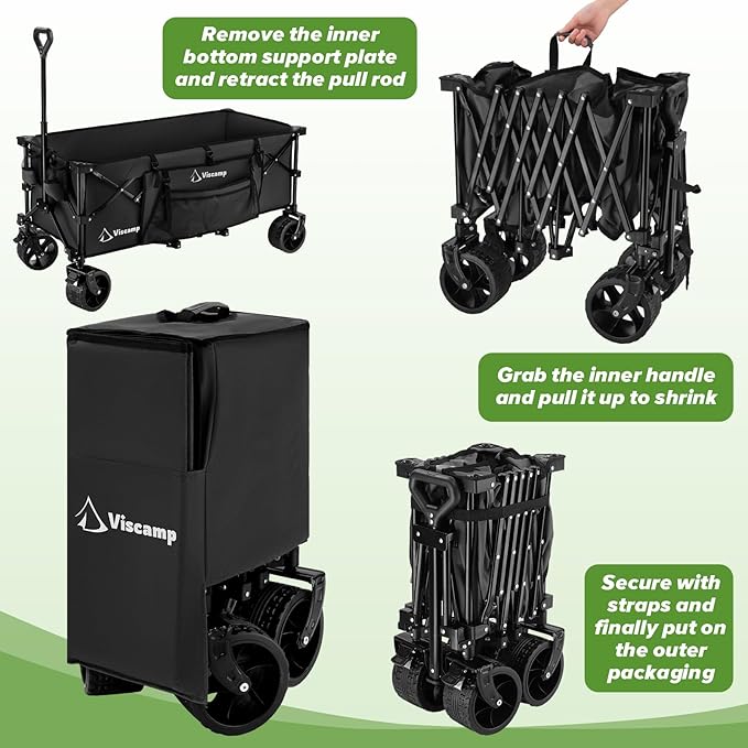 48''L Wagons Carts Foldable - 440Lbs Collapsible Wagon Heavy Duty Black Cart for Camping, Garden, Shopping and Storage - with Wheels and Elastic Rope