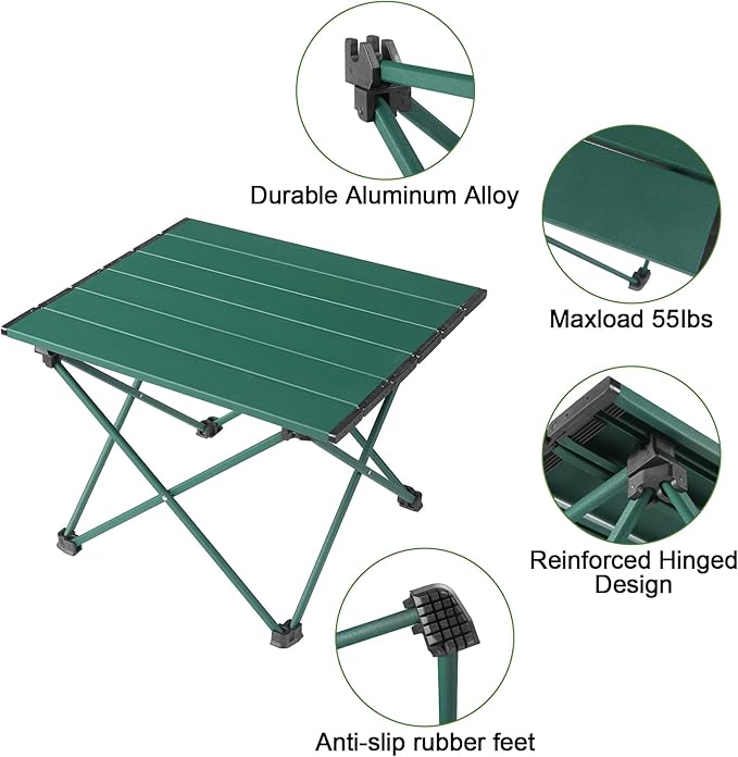 Tesouro Portable Camping Table,Folding Side Table Aluminum Top for Outdoor Cooking, Hiking, Travel, Picnic (Blackish Green, Large)