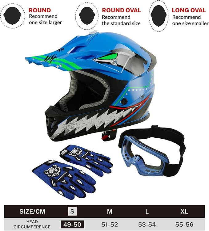 TCT-MOTORPARTS DOT Youth Kids Motocross ATV Helmets Offroad Street Dirt Bike Go-Kart BMX MX Full Face Helmet Blue w/Shark Mouth Samll Size