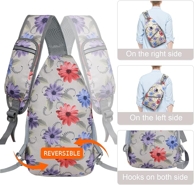 ZOMAKE Sling Bag for Women Men, Small Crossbody Sling Backpack, Mini Water Resistant Shoulder Daypack for Travel, Anti Thief Chest Bag for Hiking, Sports(Color Chrysanthemum)