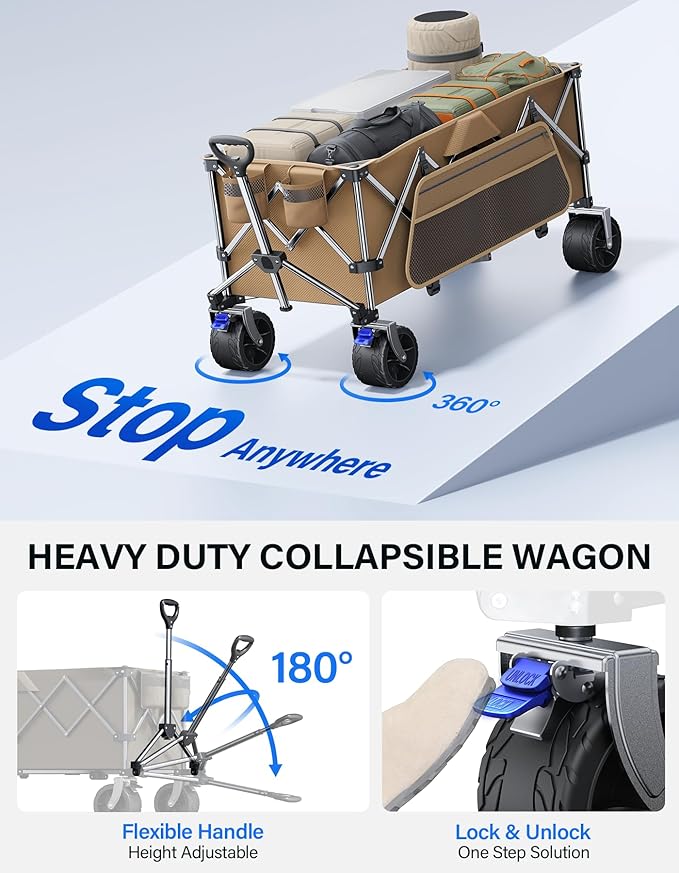 Collapsible Wagon, 440 lbs Foldable Wagons Carts with Big Wheels, Folding Wagon for Beach/Garden/Camping/Grocery Khaki