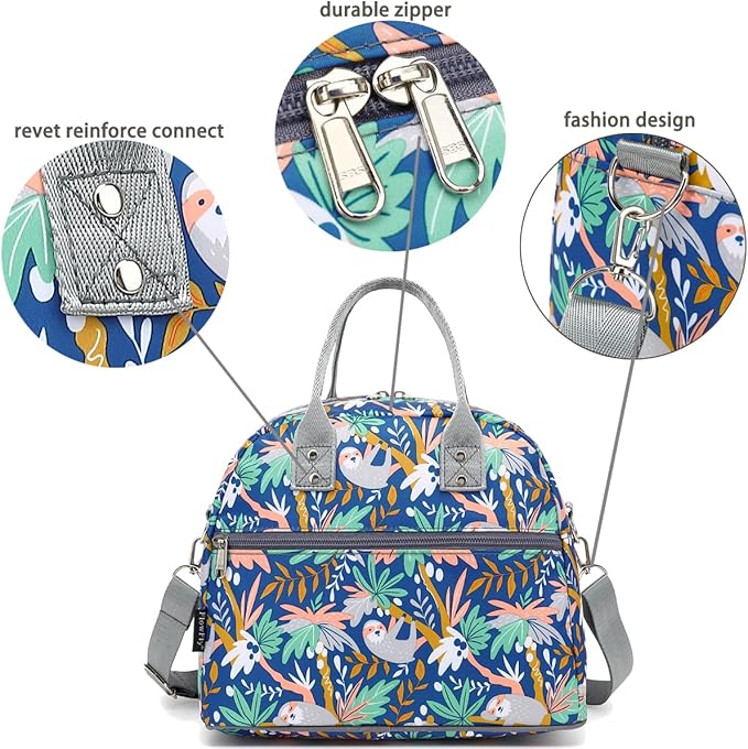 FlowFly Insulated Lunch Bag With Shoulder Strap for Women, Men, and Kids, Large and Reusable, Handle, Freezable Work and School Travel Tote and Meal Prep Organizer,Sloth