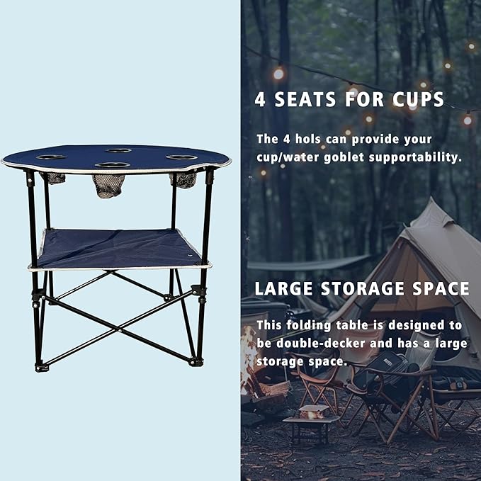 Camping Table & Beach Table, – Portable 2-Tier Foldable Table with 4 Cup Holders & Carry Bag, Lightweight Waterproof Oxford Fabric for Outdoor Adventures, Picnic, Tailgating, and Fishing