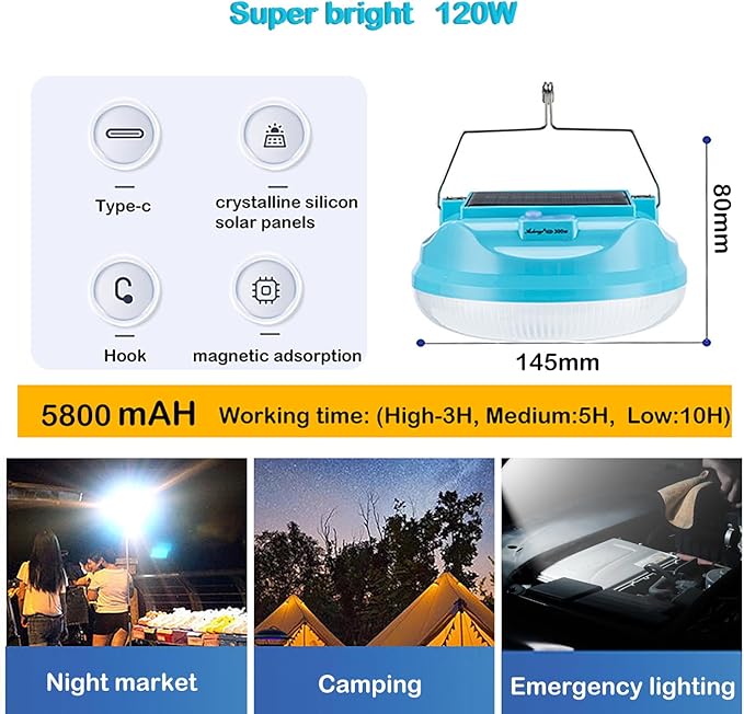 Multi-Functional Emergency LED Light Bulb with USB Charging, Capable to Recharge Mobile Devices , Ideal for Power Outage, Tent Camping, Fishing (Blue-Solar-R145mm)