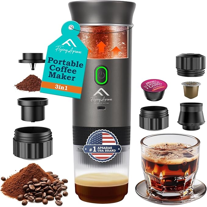 APSARAS USA Portable Coffee Maker for Travel, Portable Espresso Maker, 20 bar Mini Espresso Machine, 3in1 Travel Coffee Maker with Ground Coffee & Capsule(Ns&DG) for RV, Camping, Car