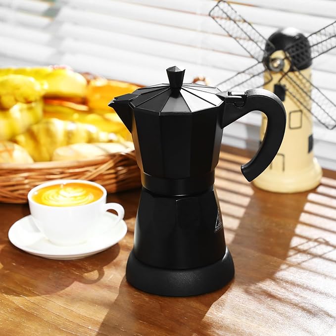 Coffee Pot 6 Cup Electric Espresso Coffee Maker Italian Moka Maker 300ml Portable Aluminum Espresso Machine Cafetera Moka Pot with Detachable Base, Gift for Home Travel(Black)