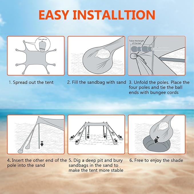 Beach Tent Sun Shelter, 10 x 10 FT Beach Canopy Tent Sun Shade Heavy Duty, UPF50+ Beach Tent Canopy with 8 Sandbags & 4 Stability Poles, Outdoor Beach Shade Canopy for Camping and Fishing, Orange