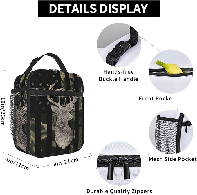 Camouflage Hunting Tactical Deer Camo American Flag Lunch Box Insulated Lunch Bag for Kids Boys Girls, Portable Kids Lunch Box Reusable Cooler Totes for School Work Picnic