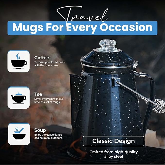 Toughty Enamel Coffee Percolator - Stovetop Coffee Maker for Camping, Open Fire, Grill, or Stove - Vintage Coffee Pot - Durable Old-Fashioned Metal Percolator w/ 2 Cups & 12 Coffee Filters - Black