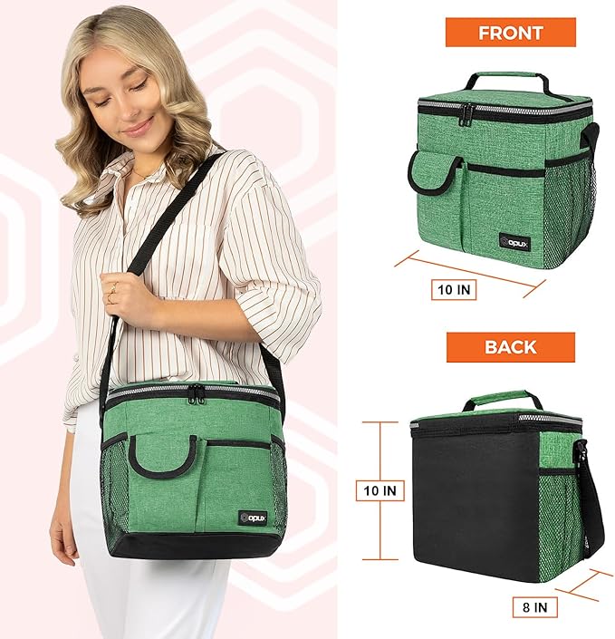 opux Insulated Lunch Bag for Men Women, Leakproof Heather Green Lunch Box for Work, Portable Soft Lunch Cooler Bag with Shoulder Strap, Adult Lunchbox Lunch Pail for Kid Boy Girl School, 18 Can/10L