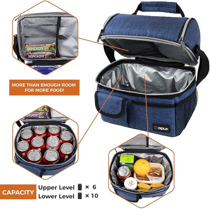 OPUX Lunch Box for Men, Adult Lunch Box Cooler, Insulated Lunch Bag Women, Dual Compartment Lunchbox for Work, Leakproof Double Decker Lunch Bag, Soft Lunch Pail Tote Boys Girls Kids School, Navy Blue