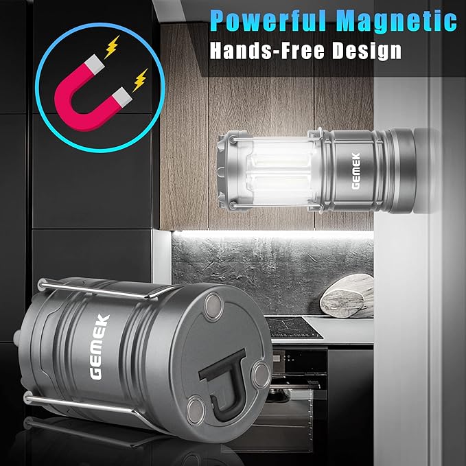 GEMEK Camping Lantern, 2 Portable LED Battery Powered Lantern with Magnetic Base & Foldable Hanging Hook- Collapsible Lamp Perfect for Power Outages, Hiking, Campsites, Roadside Car Repair (Gray)