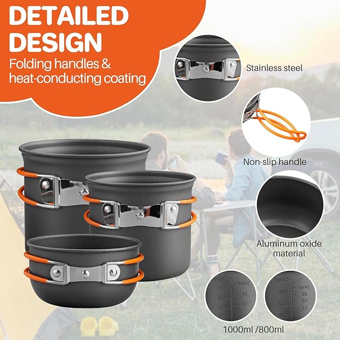 FUNYKICH Camping Pots and Pans Set, Non-Stick Camping Cooking Set, Lightweight Camping Cookware with Storage Bag for Camping, Backpacking, Outdoor Cooking & Picnic