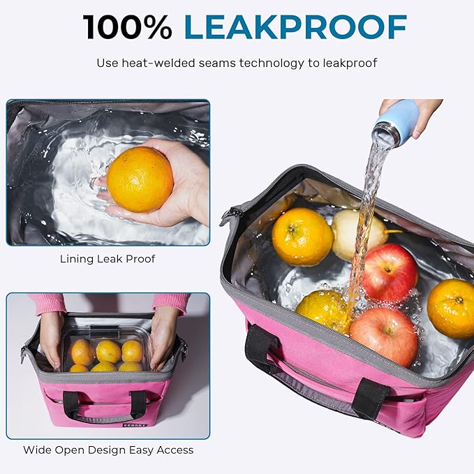 ECHSRT Large Insulated Lunch Bag for Women Men Leakproof Lunch Tote Bags Cooler Bag for Work Travel Adult Thermal Lunch Bags for Office -10L Lunchbox - Pink