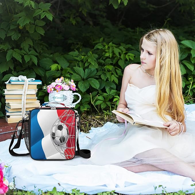 Pardick Soccer Insulated Lunch Bag for Boys Kids Sport Football Lunch Box French Flag Tote Bag Reusable Lunch Cooler Containers for School Picnic Work Travel Outdoor