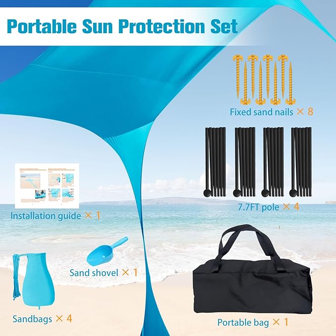 Beach Tent Sun Shelter 10x10FT Beach Shade Canopy with 8 Sandbags, UPF 50+ Protection Beach Shade Canopy, Outdoor Tent for Beach Camping Trips, Fishing, Backyard