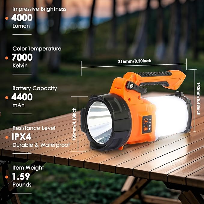 Rechargeable Camping Lantern, 6 Modes LED Flashlight Handheld Spotlight with 2000LM, 4400mAh Power Bank, IPX4 Waterproof Searchlight Work Light for Emergency Hiking Survival Kits