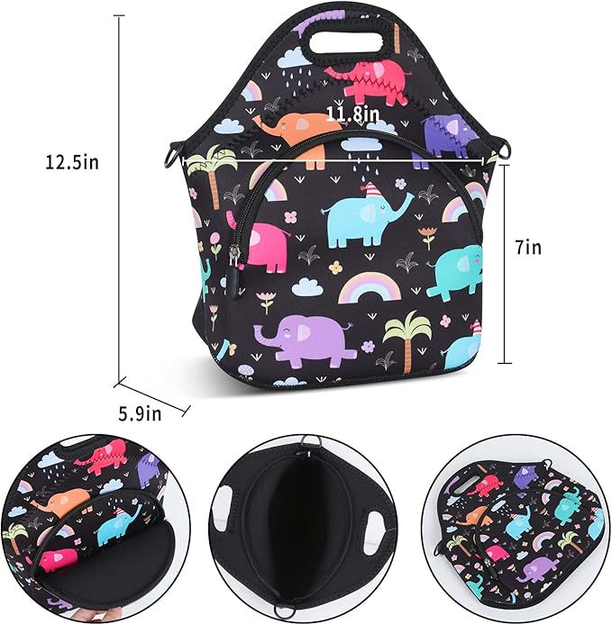 Violet Mist Neoprene Lunch Bag Reusable Insulated Cartoon Elephant Snack Bags, Unisex, 12.6"L x 11.8"H x 6.3"W, Non-Toxic, Eco-Friendly, Durable, Adjustable Shoulder Strap