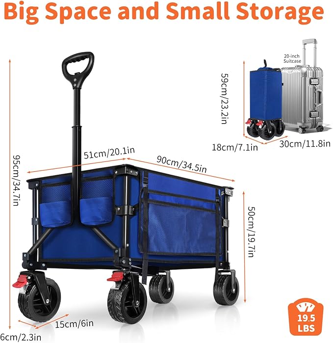 BELEEV Collapsible Wagon Cart, Heavy Duty Foldable Utility Cart with 6" All-Terrain Big Wheels, 130L Large Capacity, Side Pocket & Drink Holders for Beach Grocery Garden Camping Sports Shopping (Blue)