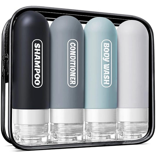 Silicone Travel Bottles for Toiletries with Labels, 3oz TSA Approved Squeezable Travel Size Containers, Leak Proof Travel Shampoo and Conditioner Bottles with Toiletry Bag (4 Pack, Dark Color)