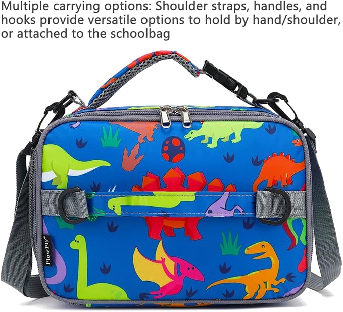 FlowFly Kids Lunch Bag, Durable Insulated School Lunch Box with Shoulder Strap and Bottle Holder, Water-resistant Thermal Small Lunch Cooler Tote for Teen Boys & Girls,Dinosaur