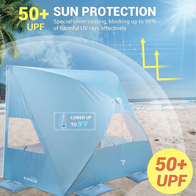 Elegear Beach Tent Sun Shelter for 4/5 Person, 1 Second Setup Pop Up Beach Tent with UPF 50+ UV Protection, Beach Umbrella Portable Double Silver Coating Beach Cabana Canopy Sun Shade Shelter - Blue